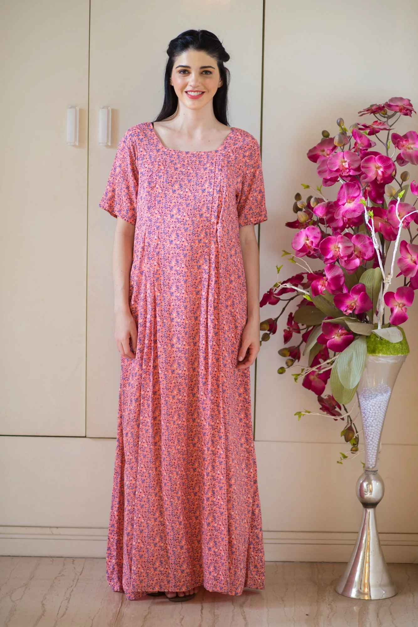 Coral Maternity & Nursing Concealed Zips Night Dress - Chenance