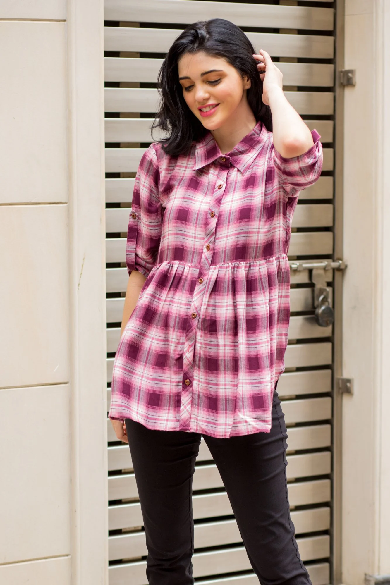 Peach Gathered Viscose Maternity & Nursing Shirt - Chenance
