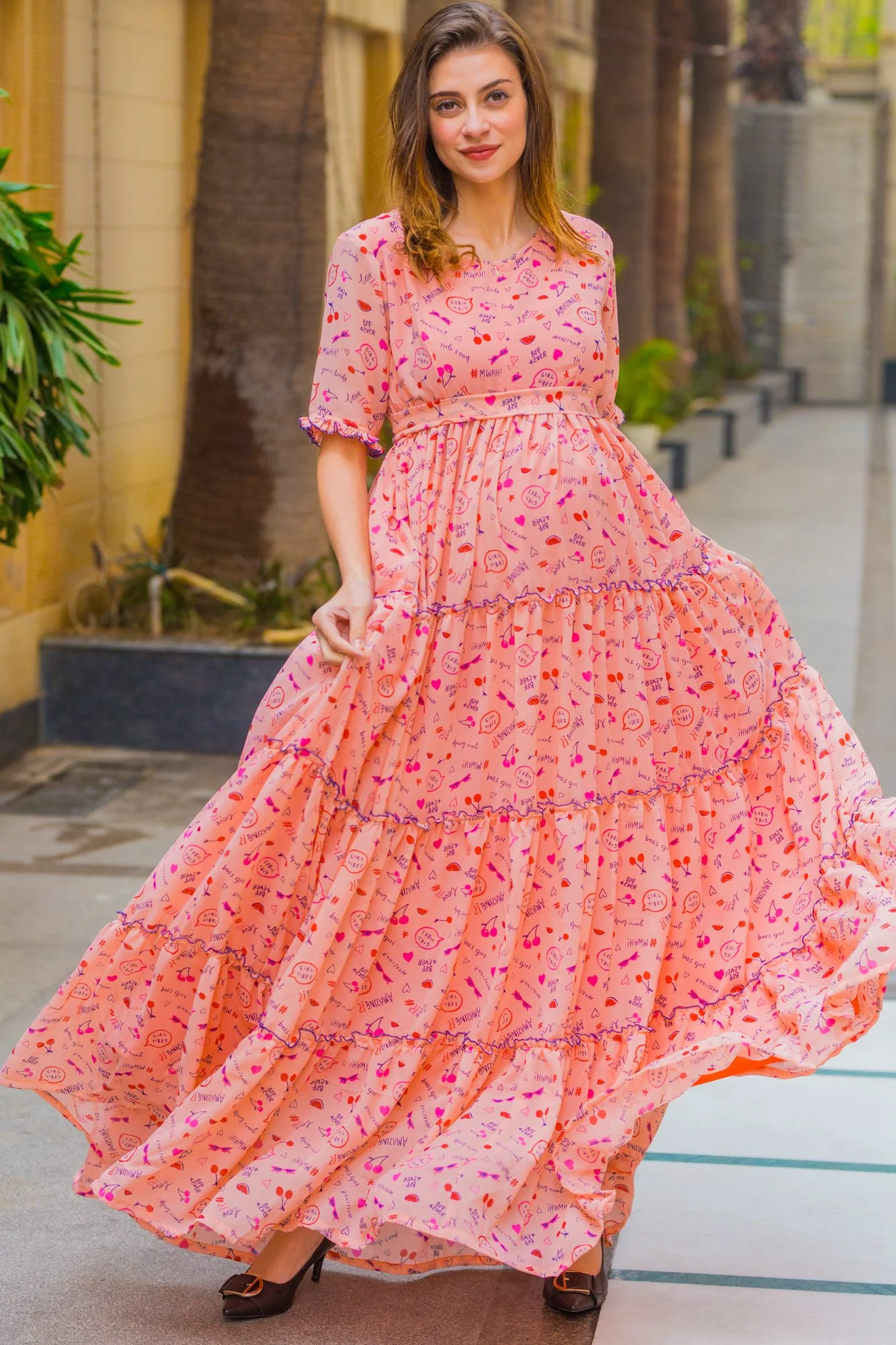 Peach Love Frill Maternity & Nursing Dress - Chenance