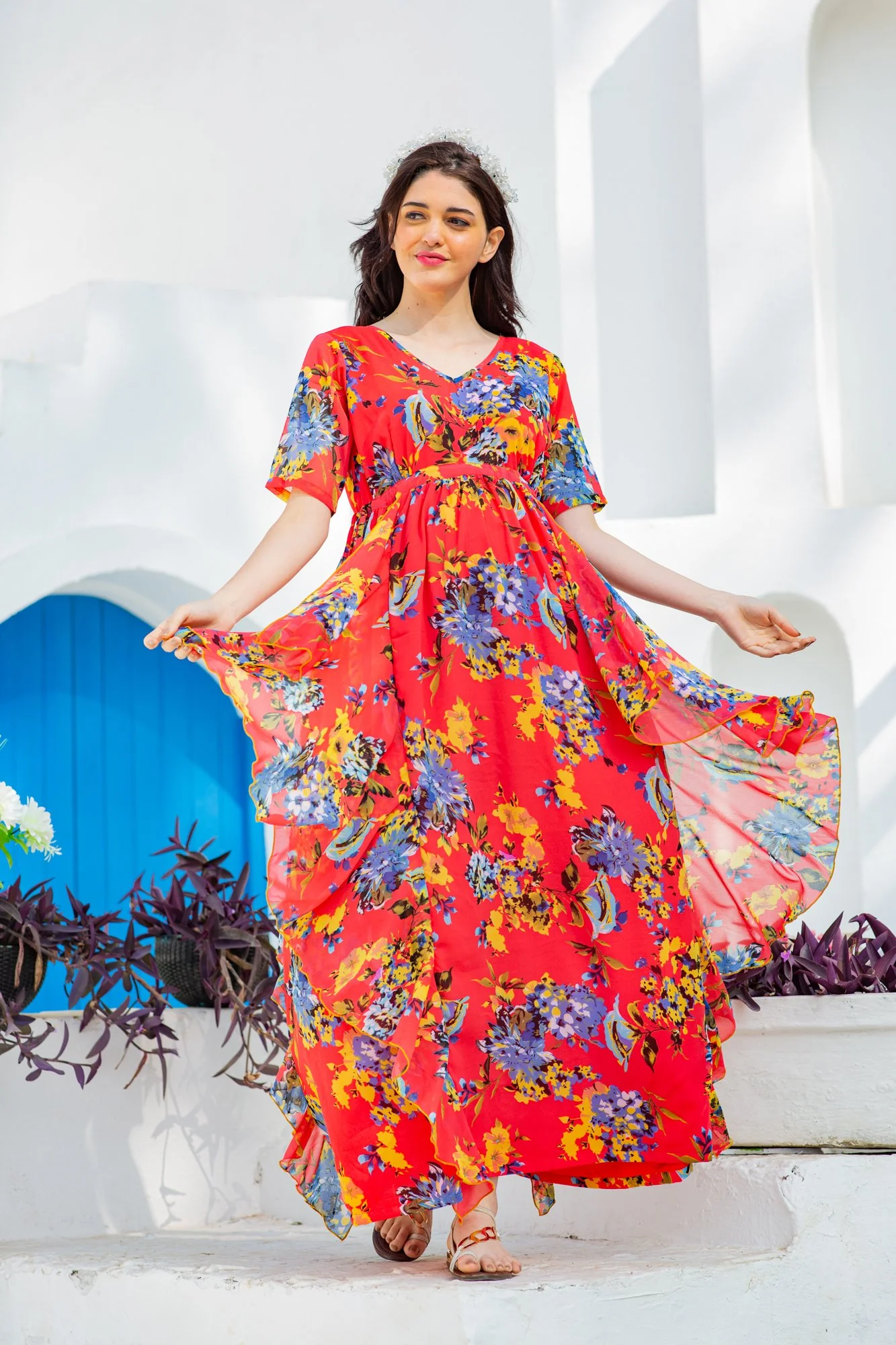 Vibrant Red Floral Maternity Flow Dress - Chenance