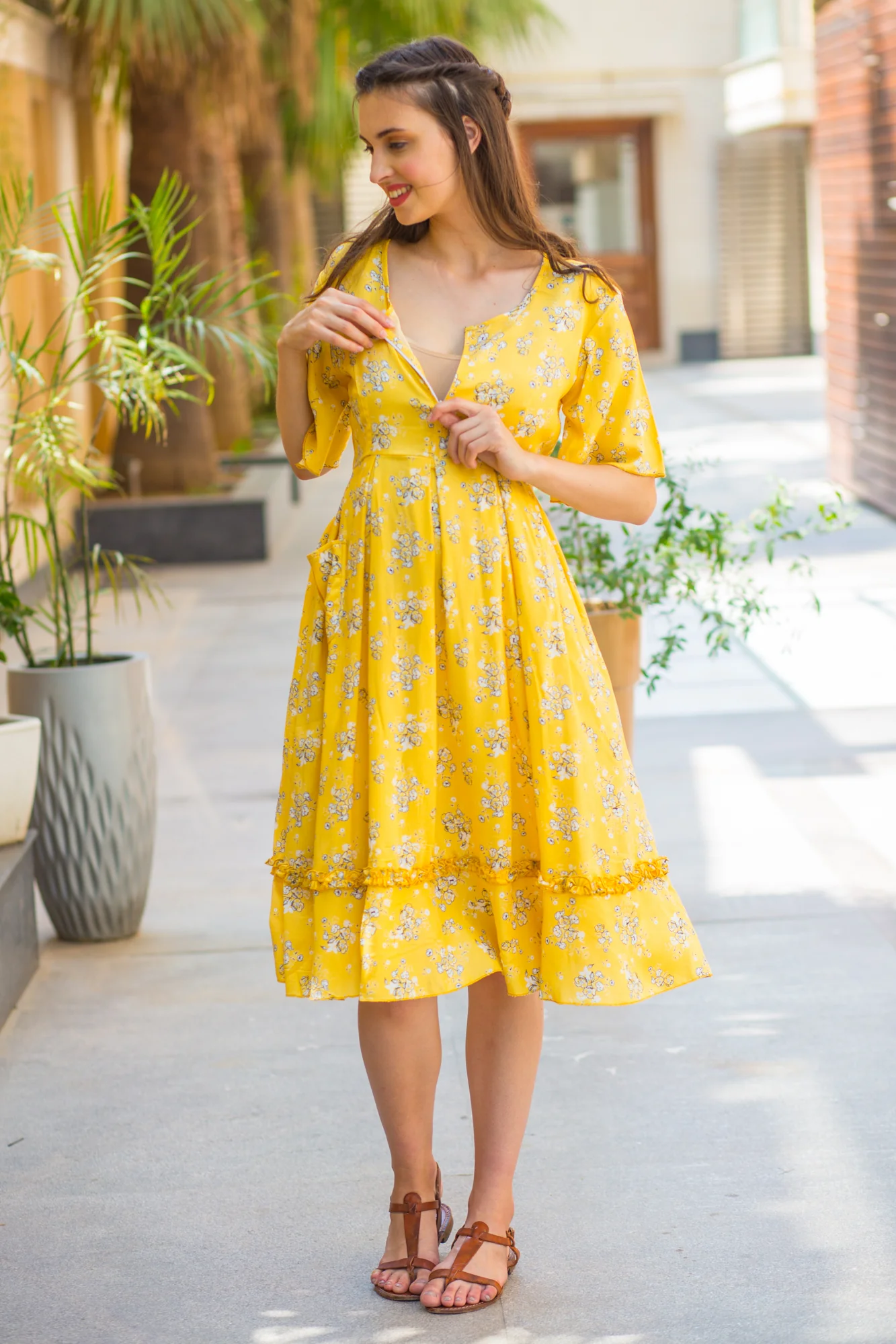 Sunshine Yellow Front Zip Maternity & Nursing Frill Dress - Chenance