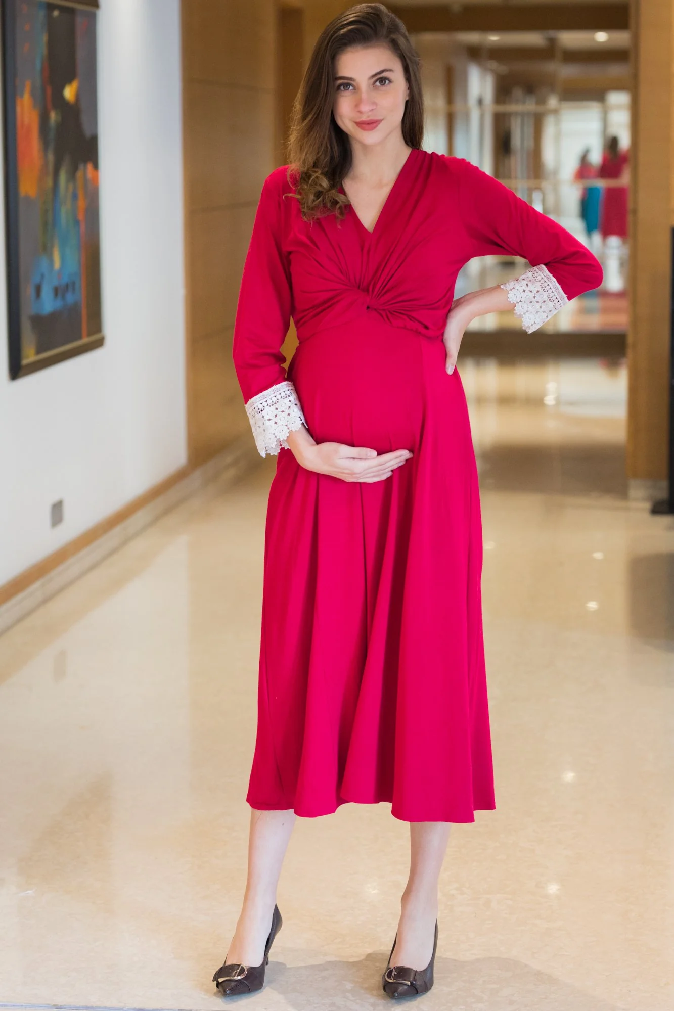 Classy Pinkish-Red Front Knot Lycra Maternity Dress - Chenance