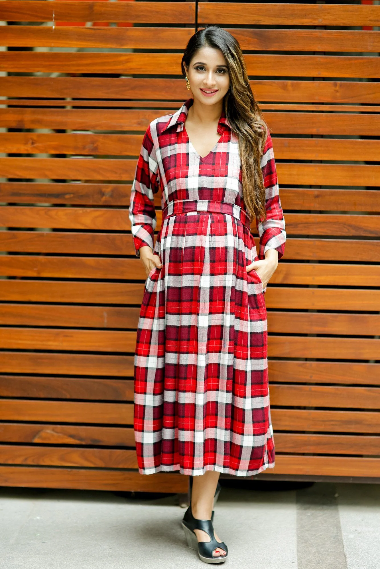 Slick Red Plaid Maternity & Nursing Button Dress - Chenance