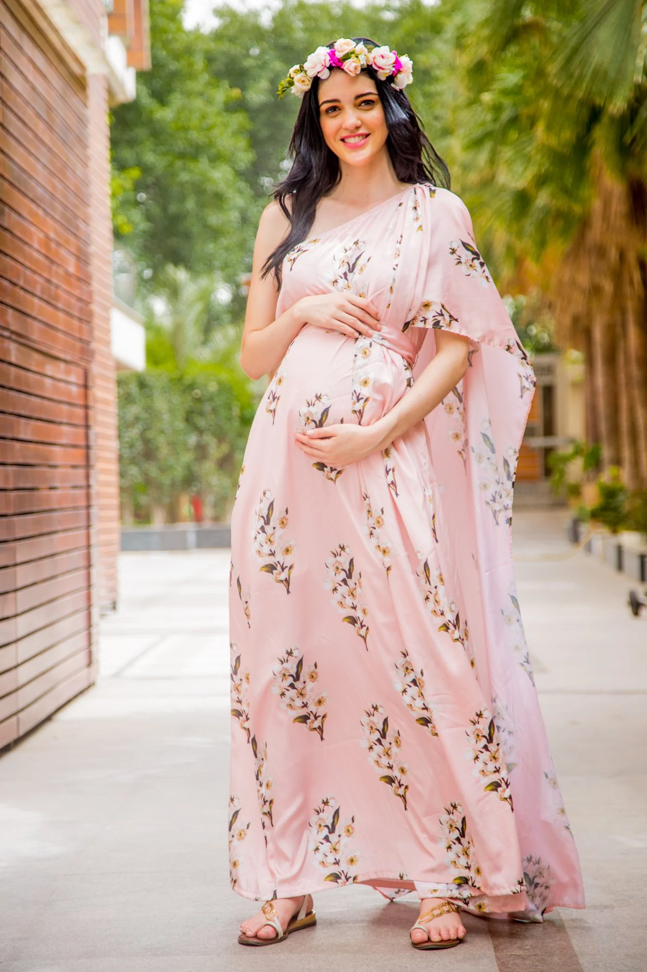 Luxe Carnation Pink One Shoulder Floral Maternity Gown - Chenance